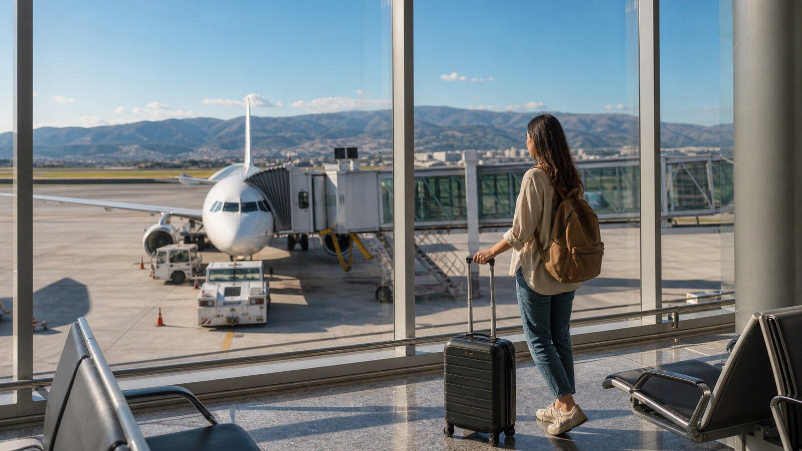 Photorealistic airport travel scene for finding cheap flights from Athens