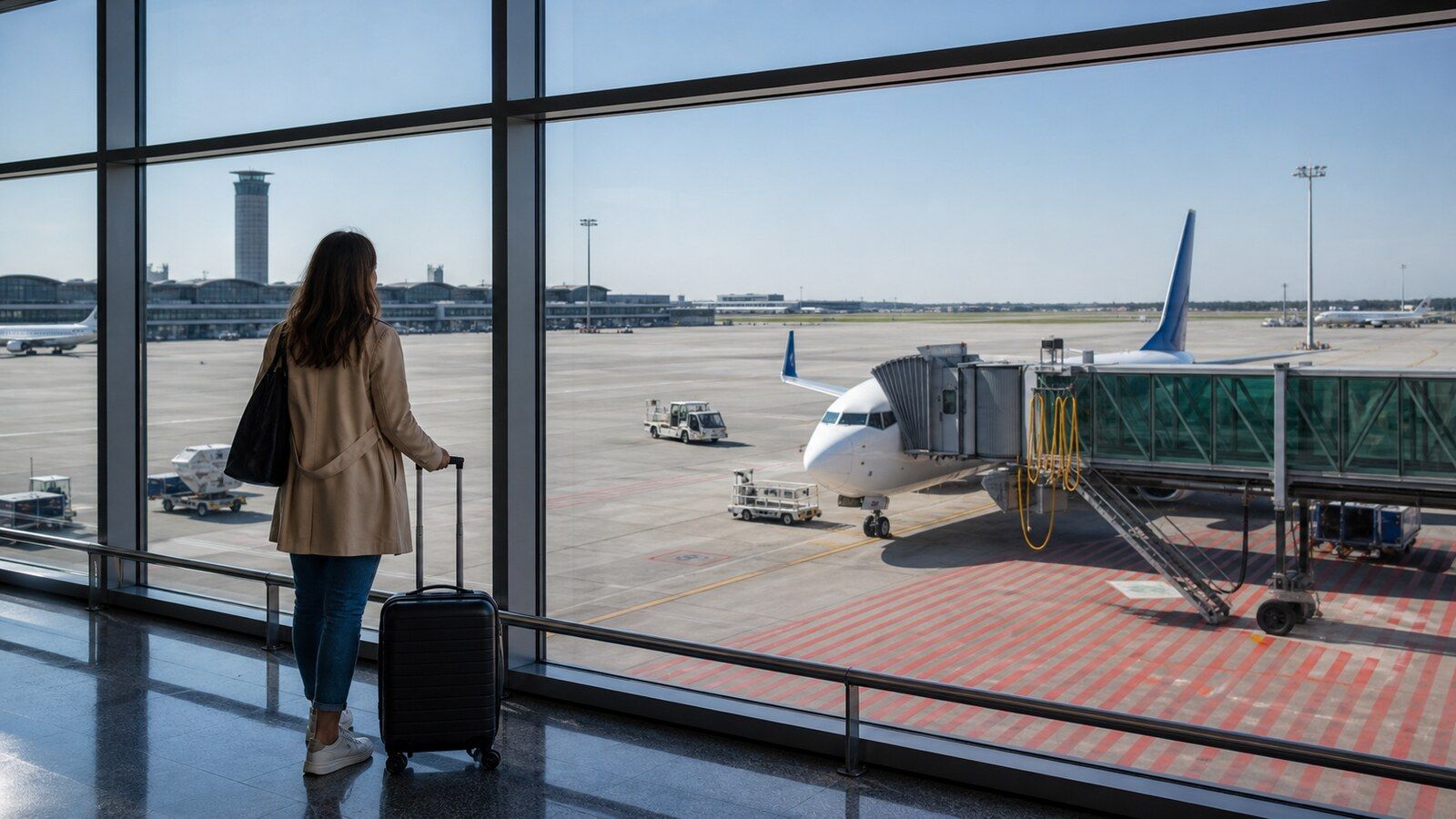 Photorealistic airport travel scene for finding cheap flights from Belgrade