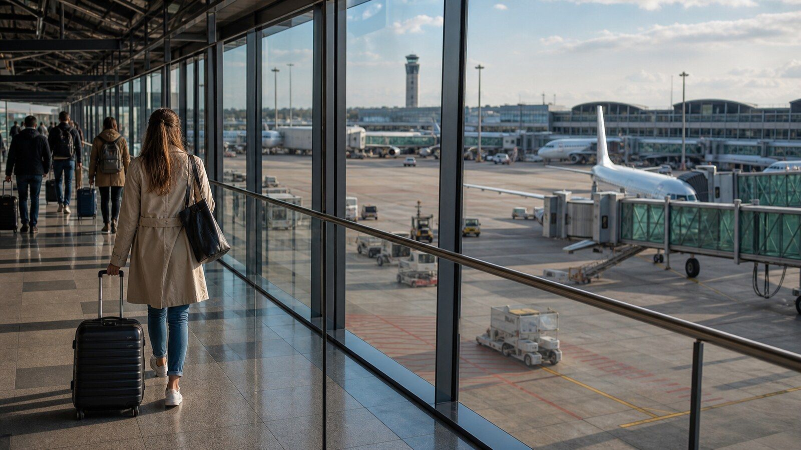 Photorealistic airport travel scene for finding cheap flights from Berlin