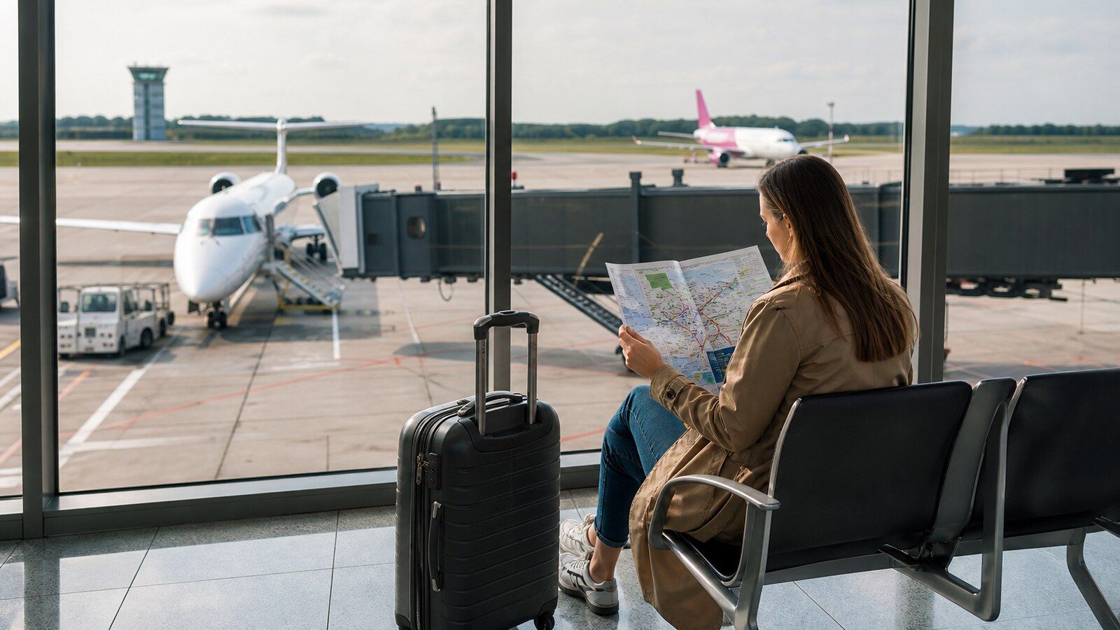 Photorealistic airport travel scene for finding cheap flights from Bratislava