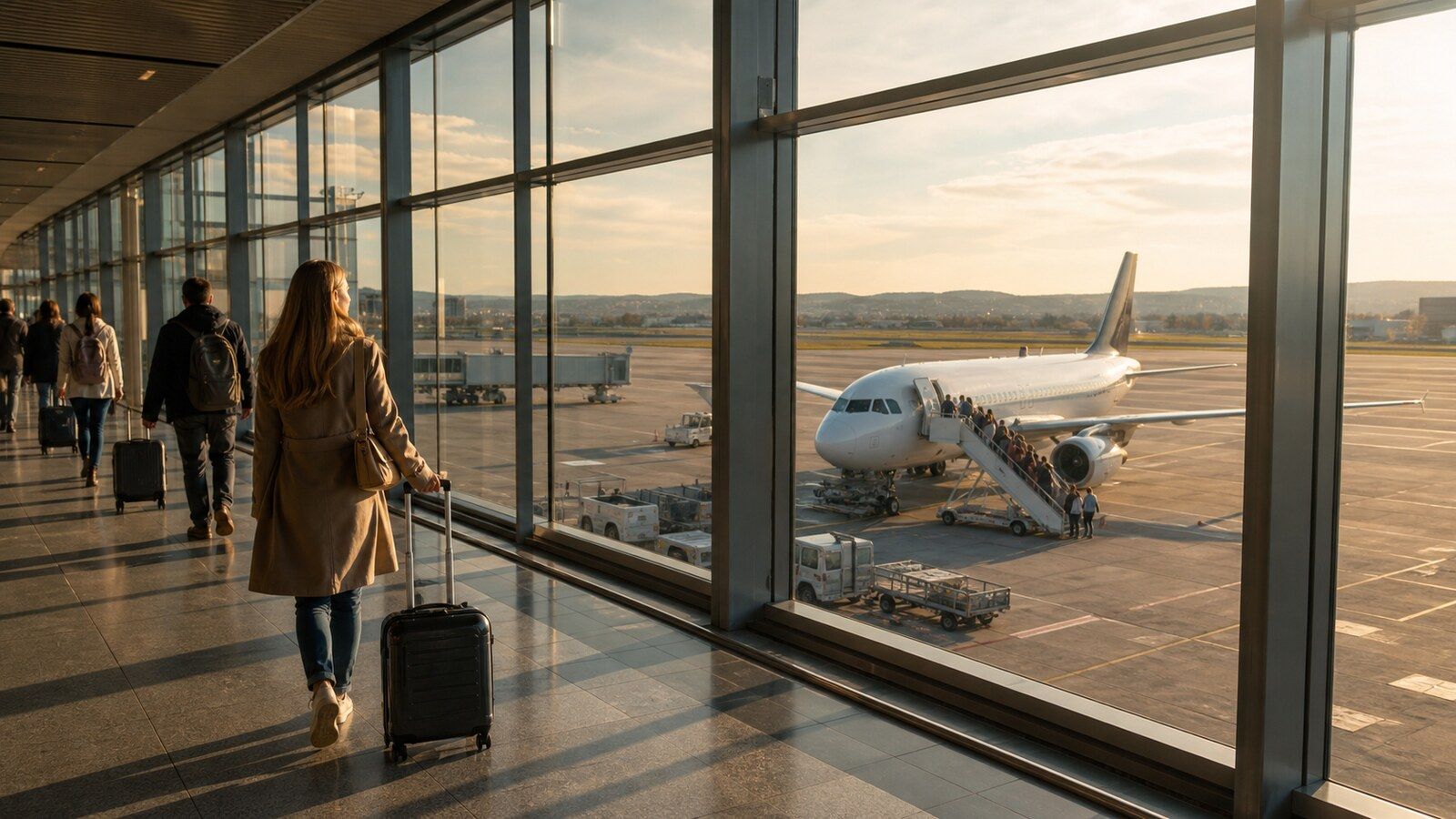 Photorealistic airport travel scene for finding cheap flights from Budapest