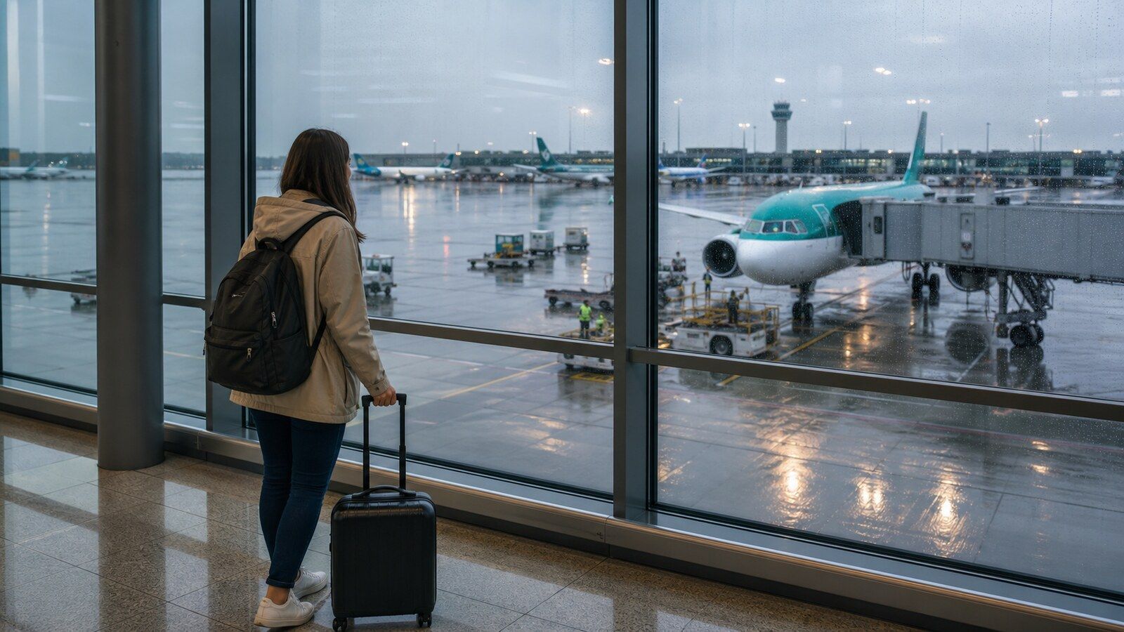 Photorealistic airport travel scene for finding cheap flights from Dublin