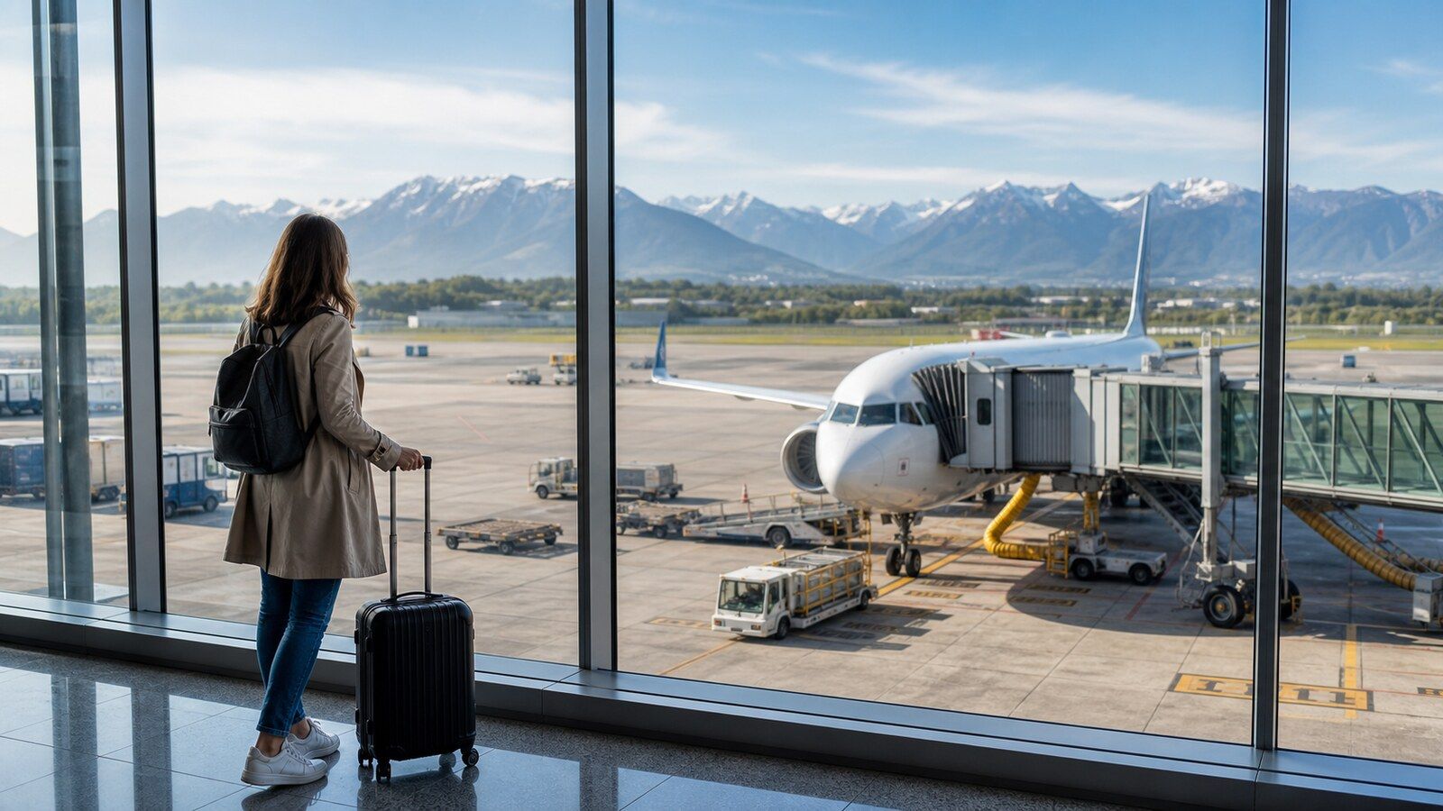 Photorealistic airport travel scene for finding cheap flights from Geneva