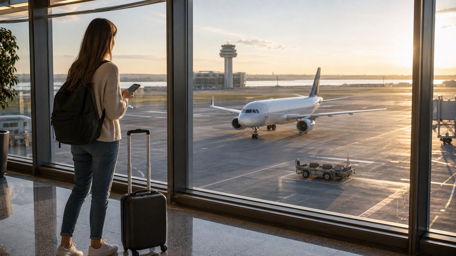 Photorealistic airport travel scene for finding cheap flights from Lisbon