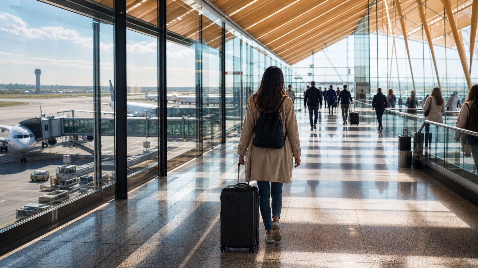 Photorealistic airport travel scene for finding cheap flights from Milan