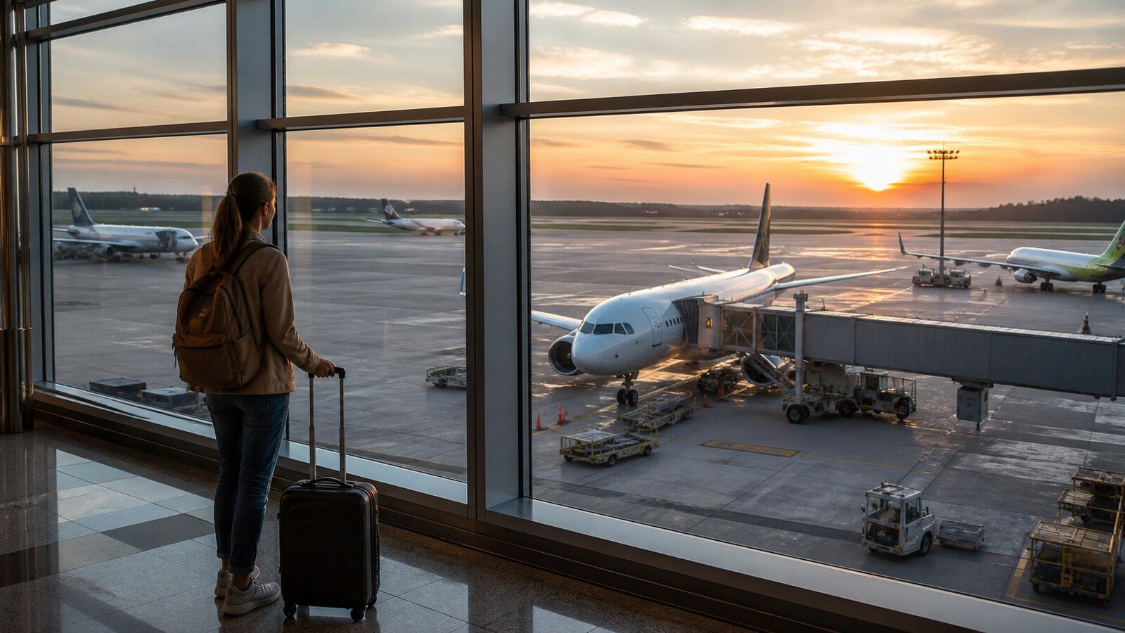 Photorealistic airport travel scene for finding cheap flights from Riga