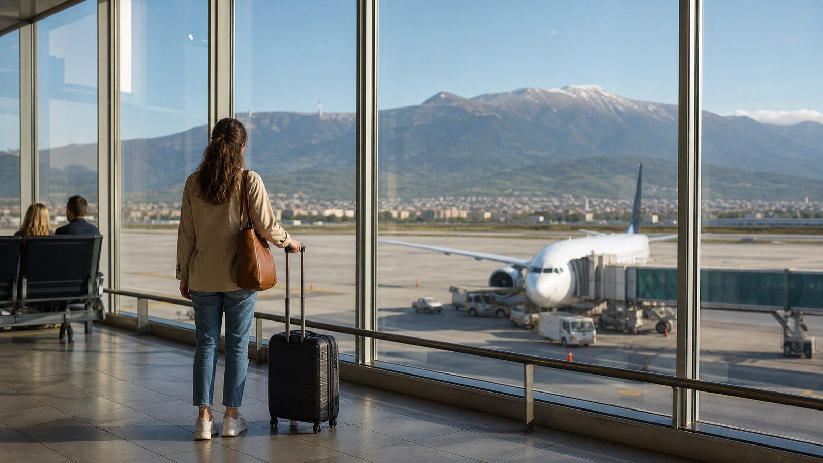 Photorealistic airport travel scene for finding cheap flights from Sofia
