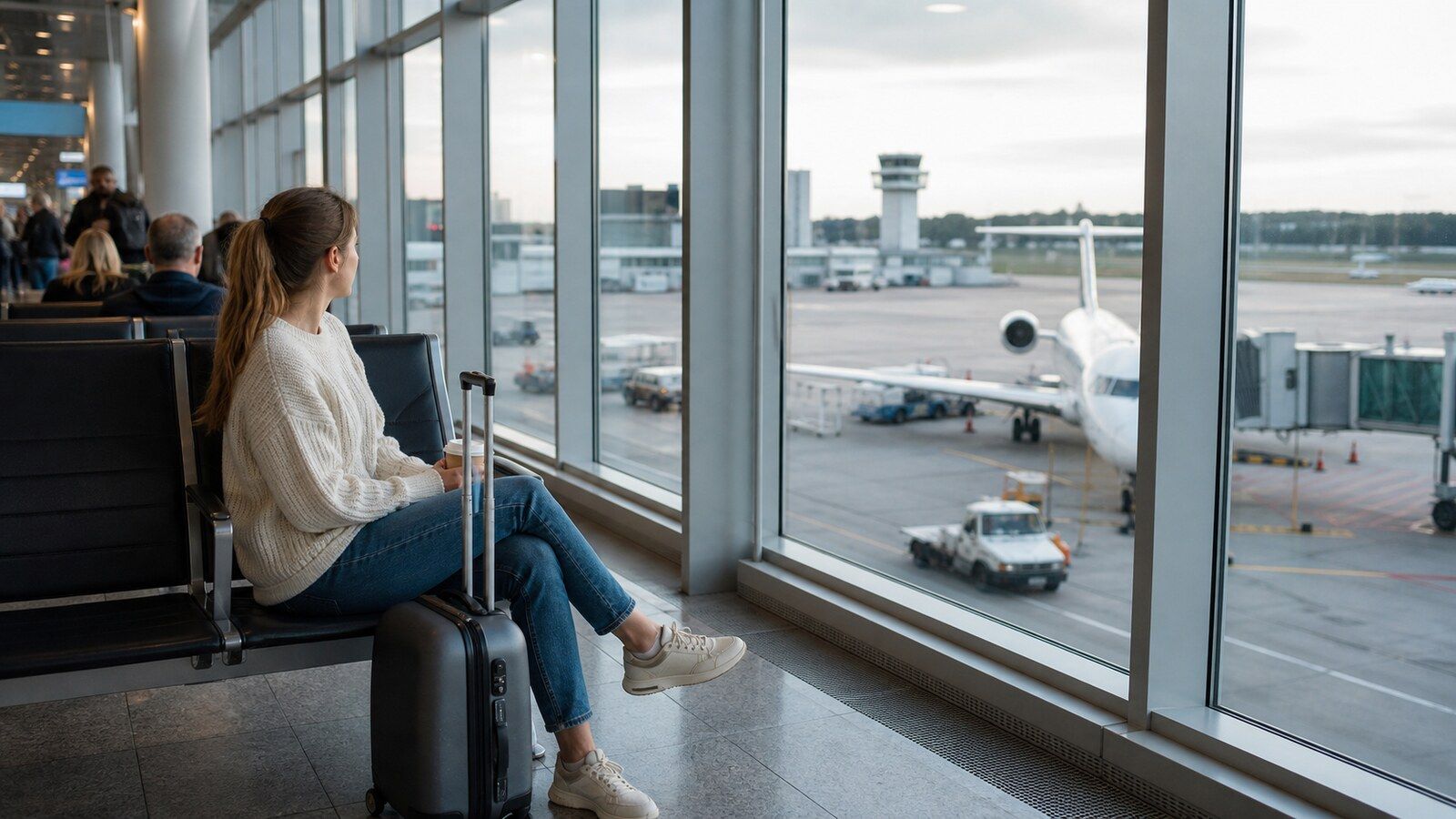 Photorealistic airport travel scene for finding cheap flights from Vilnius