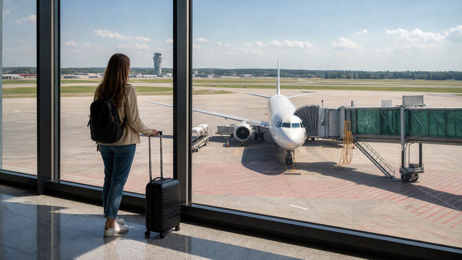 Photorealistic airport travel scene for finding cheap flights from Zagreb