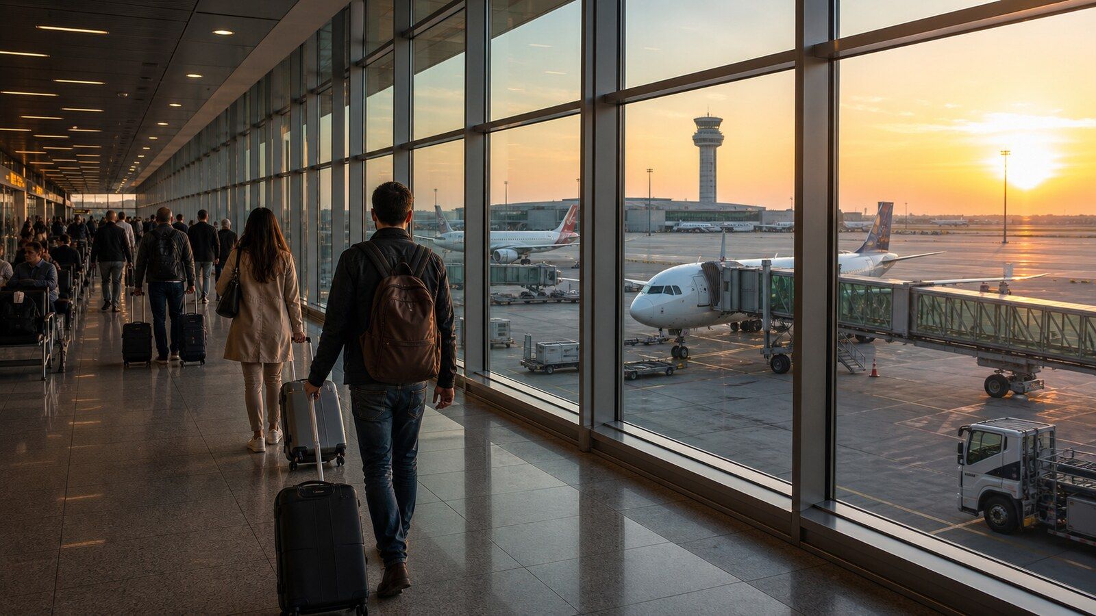 Photorealistic airport travel scene for finding cheap flights from Istanbul